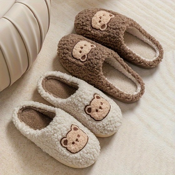 Cozy and Warm Cute Bear Plush Slippers - Closed Toe Slip On House Shoes