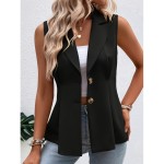 Solid Single Breasted Lapel Pleated Vest, Elegant Sleeveless Outwear For Spring & Fall, Women's Clothing