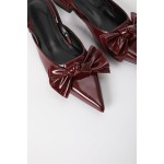 Women's Patent Leather Pointed Toe Slingback Flats with Bow, Burgundy