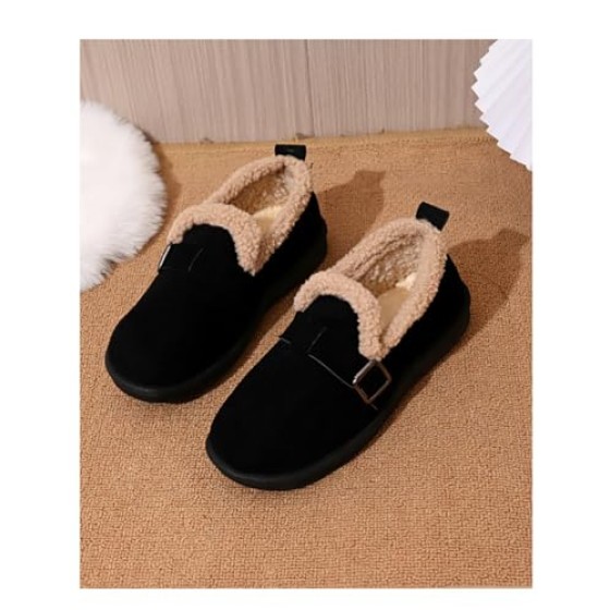 Women's Faux Suede Fuzzy Lined Loafers, Buckle Decor Slip-On Comfortable Warm Casual Shoes for Winter