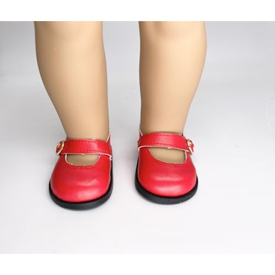 18" American Doll Shoes- Mary Jane Matte Black, Red, White, Pink, Shiny Black Shoe (18" Doll, Red)