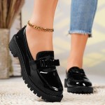 Women Patent Leather Loafers - Summer Glossy Slip-On Dress Shoes with Bow, Chunky Non-Slip Sole Platforms Sandals for School or Casual Wear
