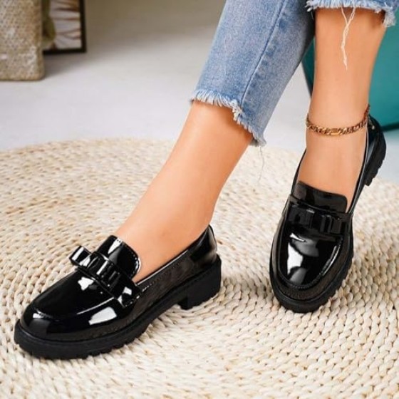 Women Patent Leather Loafers - Summer Glossy Slip-On Dress Shoes with Bow, Chunky Non-Slip Sole Platforms Sandals for School or Casual Wear